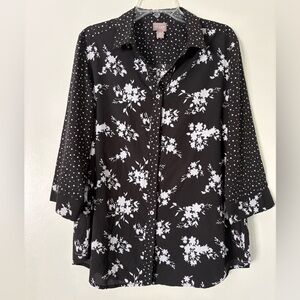 Chico’s 2 L Mixed Print Floral Polka Dot Blouse Grandmacore Office Church Drapey